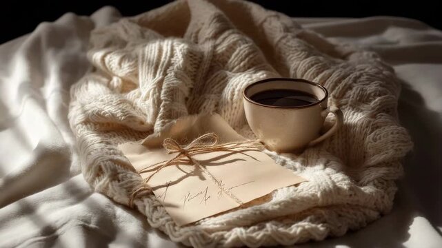 A cozy still life featuring a cup of coffee and a twine-tied envelope on a knit blanket