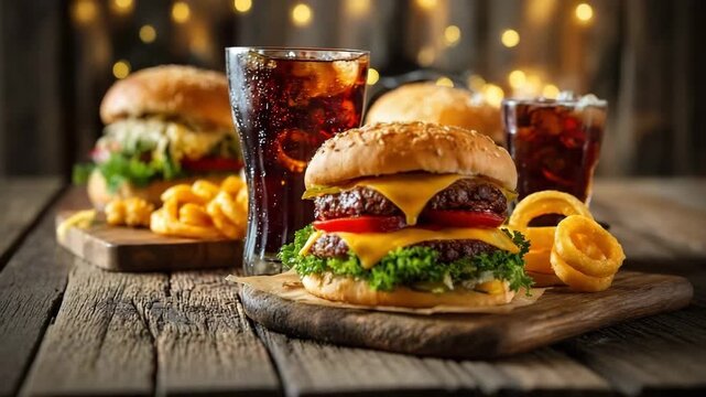 A delicious double cheeseburger with crispy onion rings and cola on a rustic wooden board