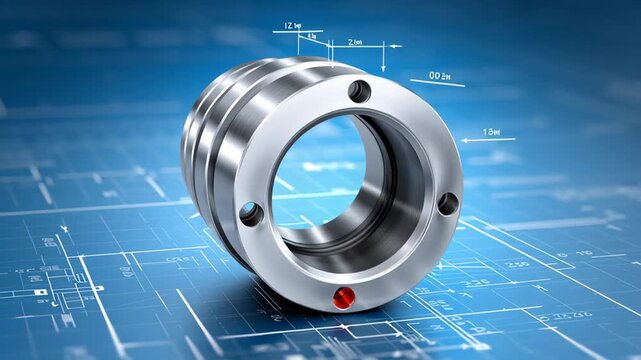 Metallic mechanical component displayed on engineering blueprint background, showcasing detailed measurements and design features from multiple angles in a continuous visual progression