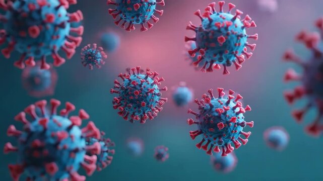A detailed 3D rendering showcasing a blue coronavirus particle with red spikes on a blue-pink background