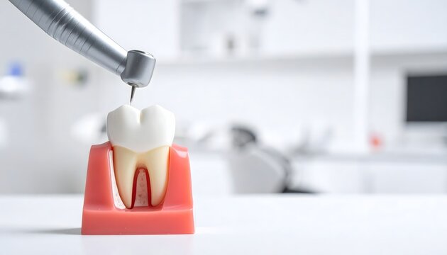Detailed view of a dental drill over a molar tooth cross section model showing internal root structure for medical education background