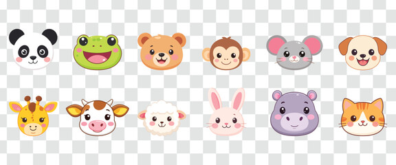 Obraz premium Cute Cartoon Animal Faces Vector Collection for Kids and Baby Designs Zoo, Farm and Pet Character Heads