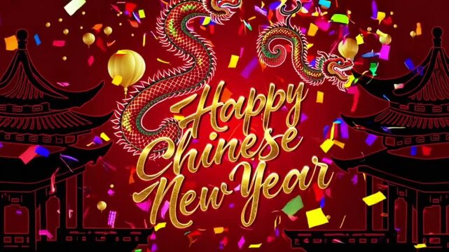 Animation of happy chinese new year text, with dragon and temples and yellow balloons and confetti
