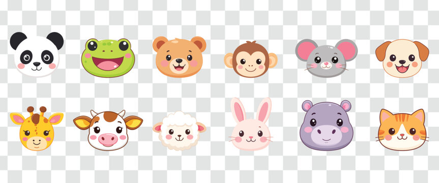 Cute Cartoon Animal Faces Vector Collection for Kids and Baby Designs Zoo, Farm and Pet Character Heads