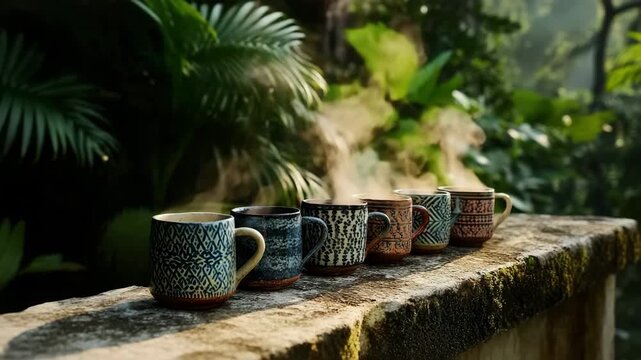 A row of intricately patterned ceramic mugs filled with hot beverage on a mossy stone wall