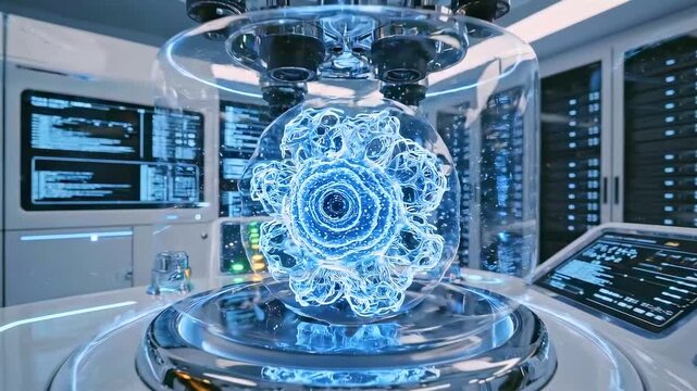 Holographic quantum core inside research lab, glowing blue mandala, diagnostic consoles, data overlays, sterile metal chamber, magnetic containment fields, realtime simulation updates and status