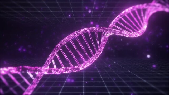 Glowing DNA Double Helix Floating in Digital Space with Abstract Data Graphs