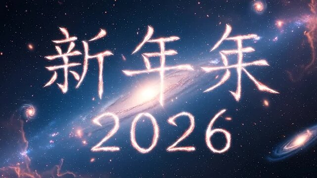Glowing Chinese characters 'Happy New Year' (新年快乐) and '2026' on a vibrant starry cosmic background with a galaxy.