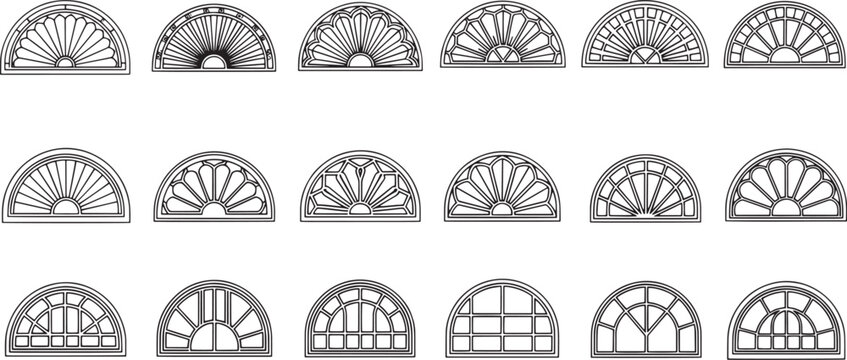 A comprehensive collection of diverse arched window illustrations, featuring intricate fanlight and transom designs for architectural elegance and building details