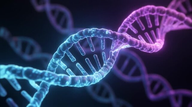 Extreme Macro Close-Up of Glowing DNA Double Helix Structure Rotating Slowly