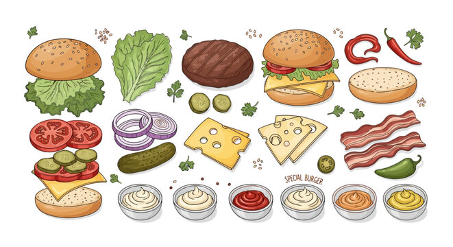 Assembling a burger with various toppings and condiments in a flat lay arrangement on a clean background from a directly overhead viewpoint