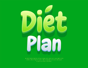 Fototapeta premium Vector Wellness sign Diet Plan. Funky Green Font. Cute Rounded Alphabet Letters and Numbers set.