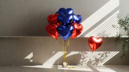 Red and blue heart balloons in sunlit room with shadows