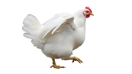 White chicken or hen walking with wings slightly open, red comb and wattle, isolated on white, Generative Ai