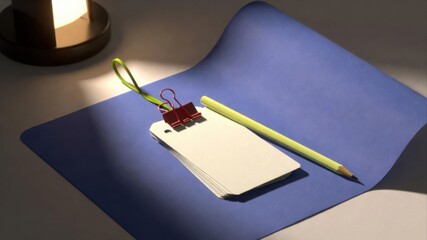 Blank flashcards with pencil on blue paper background