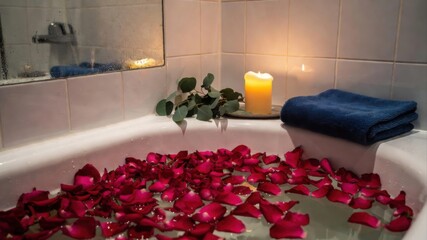 Bathtub with rose petals and candle for home spa