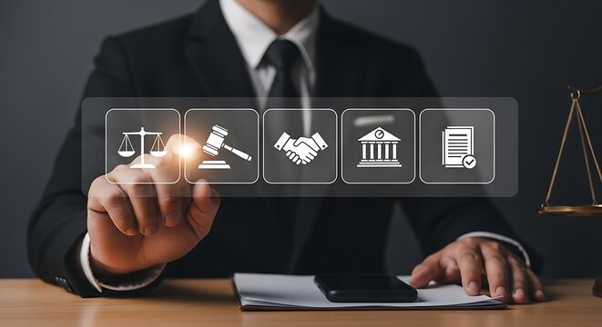 Lawyer selecting digital legal services icons representing justice, arbitration, contract agreement, court proceedings, and certified compliance documentation for business regulation solutions.