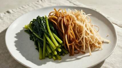 Asian bean sprouts and greens with noodles on plate
