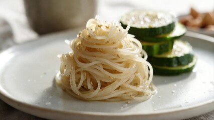 Rice noodles with sesame and cucumber slices on white plate