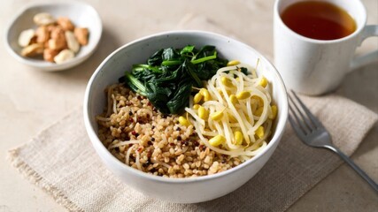 Mixed Grain Rice Bowl With Spinach and Soybean Sprouts
