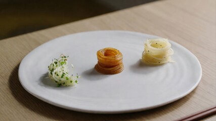 Minimal tasting plate with three rice noodle nests