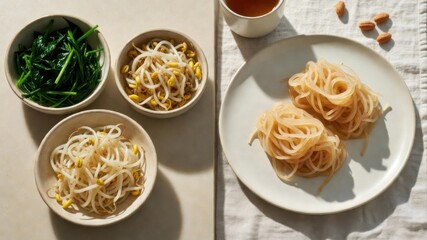 Meal prep flat lay with spinach sprouts and rice noodles