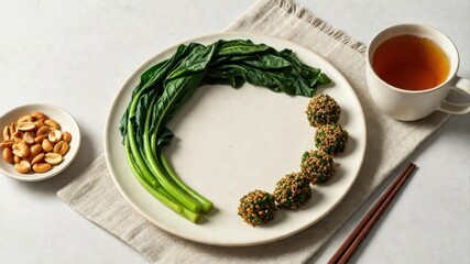Minimal vegetable platter with sesame bites and tea