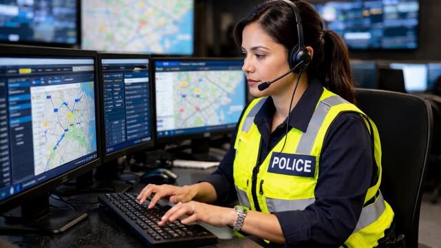 Police officer at work in a 911 call center.

