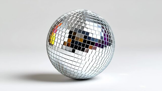 Reflective disco ball rotates slowly, showcasing a series of mirrored surfaces that catch and reflect light in a bright, minimalistic setting with a soft gradient background
