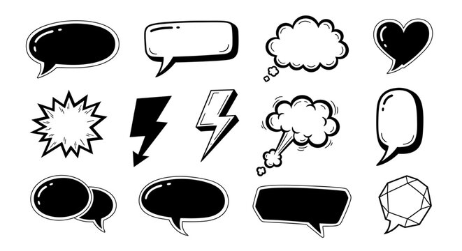 Collection of hand drawn black and white comic speech bubbles and graphic elements
