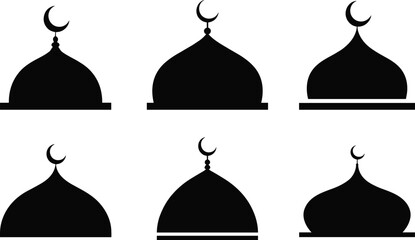 Vector, black, silhouette, illustration, set, of, various, mosque, domes, with, crescent, moon, symbols, for, Islamic, religion, Ramadan, Eid, and, architectural, design, elements © Abida