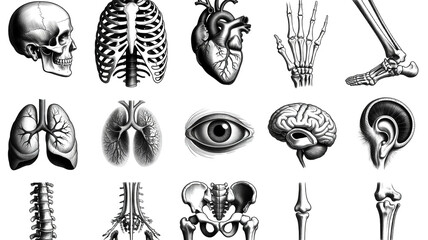 Vintage style black and white anatomical illustrations of human organs and skeletal structures. Transparent background.