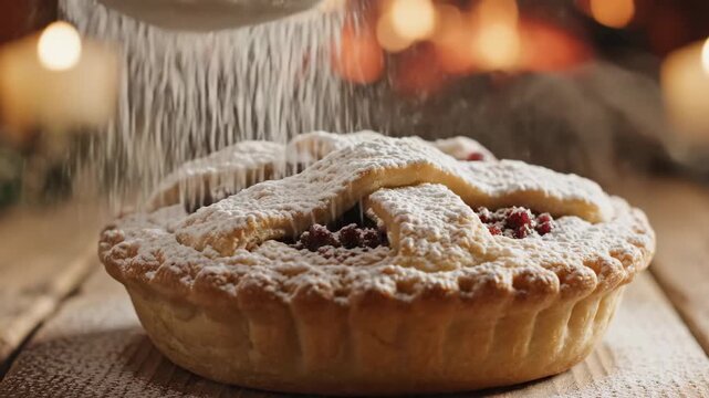 Powder sugar falling on delicious homemade berry pie. Sprinkling sweet topping on christmas dessert baked for holiday celebration.