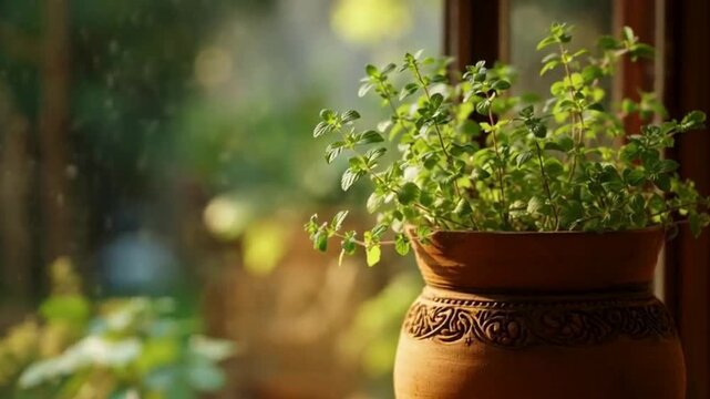 A terracotta pot with a vibrant green plant sitting by a sunlit window, showcasing natural light and indoor greenery.