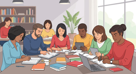 Obraz premium Diverse group of focused students and professionals engaged in collaborative learning, teamwork, and productive study sessions around a shared table in a modern academic or office setting