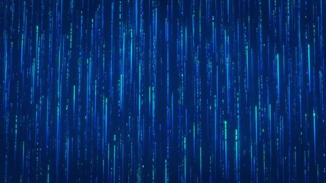 Digital rain effect in futuristic dark blue neon lighting on vertical binary code background for technology wallpaper