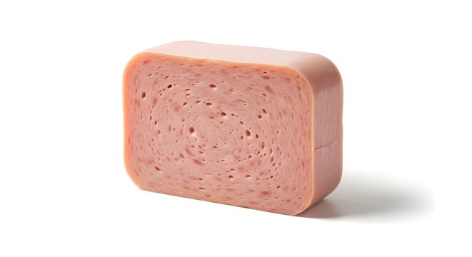 Single block of processed luncheon meat featuring a distinct swirl texture and pale pink color presented isolated on a clean white background studio shot.