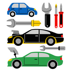Naklejka premium Car Repair Tools and Vehicles Vector Set - Auto Mechanic Icons