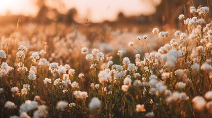 Fototapeta premium Golden Hour Cotton Field Serenity at Sunset.
