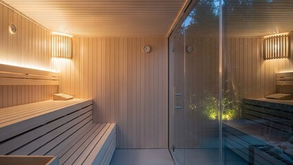 Fototapeta premium A serene sauna interior with wooden benches and warm lighting