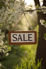 春のセール告知。桜の枝に掛かるナチュラルな木製看板