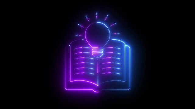 Neon Open Book with Light Bulb Online Learning Knowledge and Education Idea icon animation on black background .4k motion video animation.