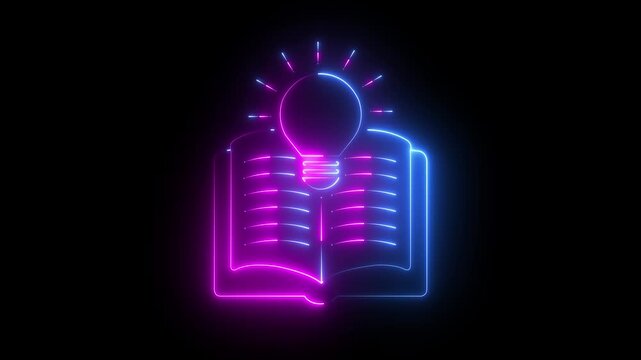 Neon Open Book with Light Bulb Online Learning Knowledge and Education Idea icon animation on black background .4k motion video animation.