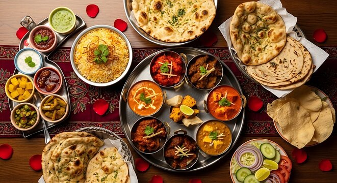 Delicious Indian cuisine spread with naan bread and various curries