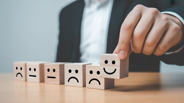 A businessman's hand places a happy face wooden block, symbolizing customer satisfaction and positive feedback collection.
