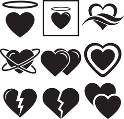 Collection of various black heart icons on white background
