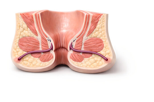 Photorealistic 3D anatomical cutaway of lower pelvis showing the anal canal and surrounding sphincter complex with anal fistula tract: thin tunnel-like pathway from anal canal to small external skin