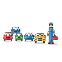 Fototapeta premium Mechanic with Toolbox and Cars, Auto Repair Service, Vehicle Maintenance