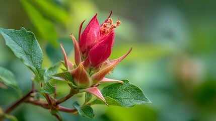Close-up of a vibrant red hibiscus flower bud about to bloom.