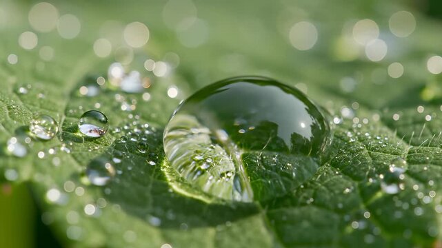 Close-up water droplets on green leaf. Natural beauty showcases freshness and tranquility. Nature's purity reflects vibrant ecosystem. Perfect for nature documentaries and environmental projects.